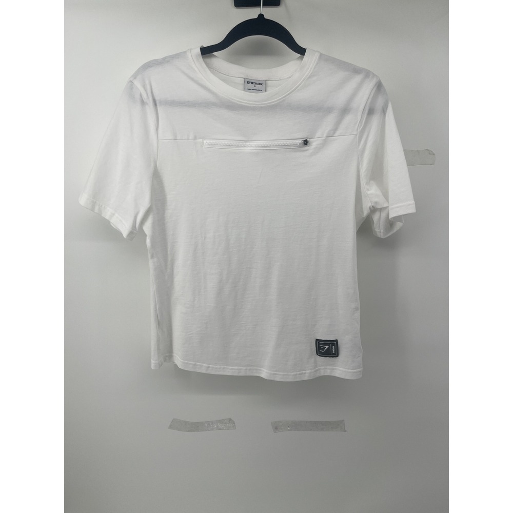 Gymshark Mens Small White Short Sleeve T-Shirt Chest Zip Pocket Logo Patch A131